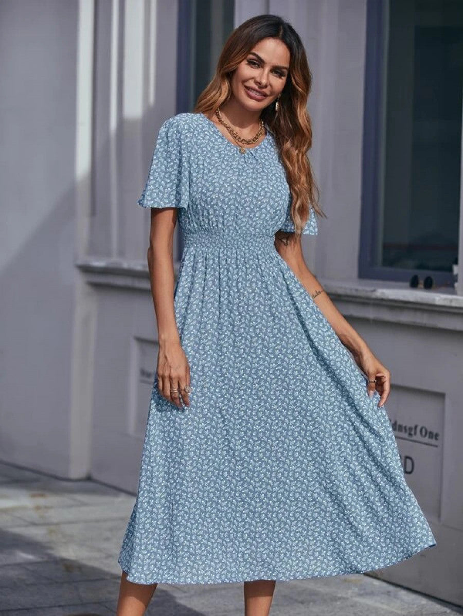 Ditsy Floral Print Shirred Waist Dress Shein