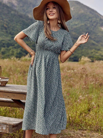 Ditsy Floral Print Shirred Waist Dress