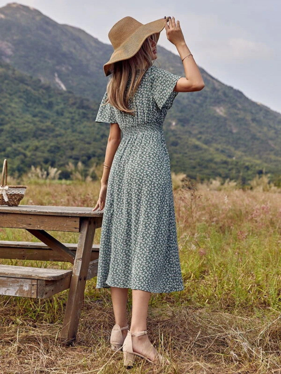 Ditsy Floral Print Shirred Waist Dress