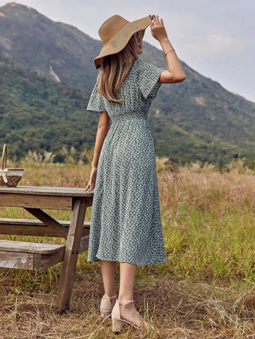 Ditsy Floral Print Shirred Waist Dress