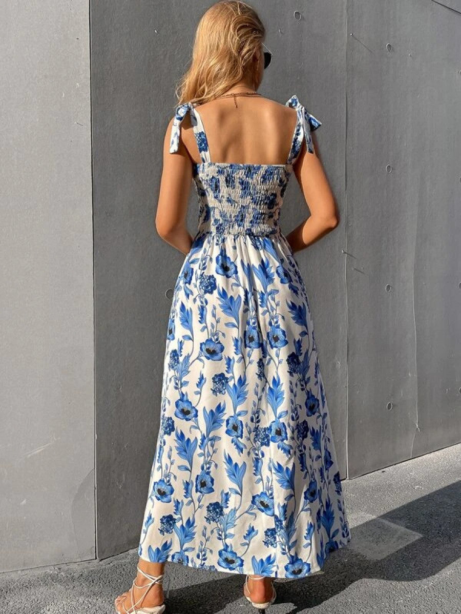 Floral Print Knot Straps Shirred Bodice Cami Dress Shein