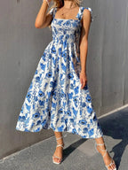 Floral Print Knot Straps Shirred Bodice Cami Dress Shein