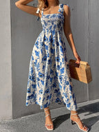Floral Print Knot Straps Shirred Bodice Cami Dress Shein
