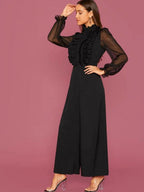 Frill Trim Sheer Sleeve Wide Leg Jumpsuit Shein