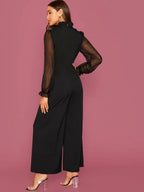 Frill Trim Sheer Sleeve Wide Leg Jumpsuit Shein