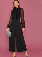 Frill Trim Sheer Sleeve Wide Leg Jumpsuit Shein