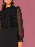 Frill Trim Sheer Sleeve Wide Leg Jumpsuit Shein