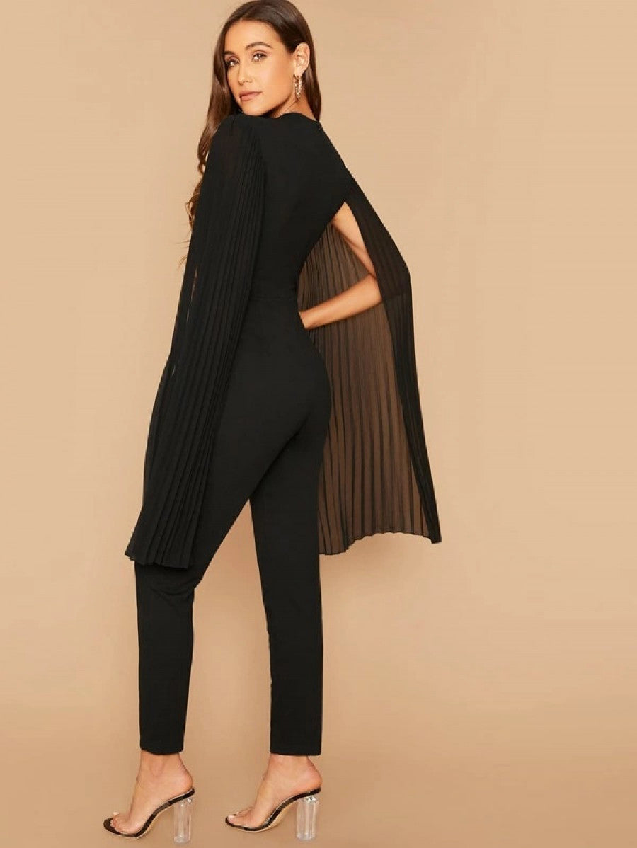 Solid Pleated Cape Jumpsuit Shein