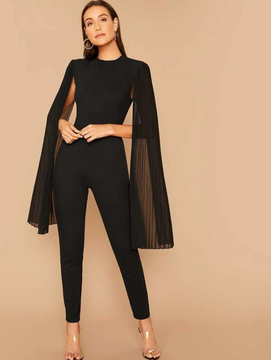 Solid Pleated Cape Jumpsuit Shein