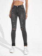 High Waisted Ripped Cuffed Hem Skinny Jeans Shein