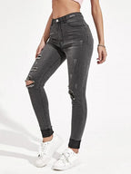 High Waisted Ripped Cuffed Hem Skinny Jeans Shein