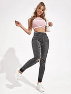 High Waisted Ripped Cuffed Hem Skinny Jeans Shein