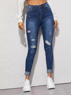 High Waisted Ripped Cuffed Hem Skinny Jeans Shein
