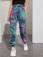 High Waisted Slogan Graphic Ripped Detail Jeans Shein