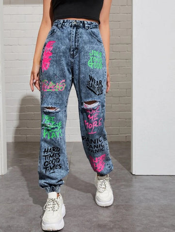 High Waisted Slogan Graphic Ripped Detail Jeans