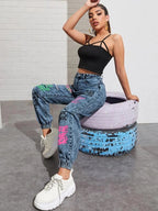 High Waisted Slogan Graphic Ripped Detail Jeans Shein