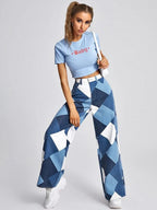 High Waist Argyle Print Wide Leg Jeans Shein
