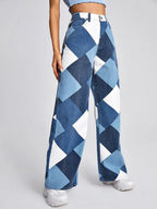 High Waist Argyle Print Wide Leg Jeans Shein