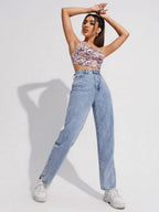 High Waist Slant Pocket Straight Jeans Shein