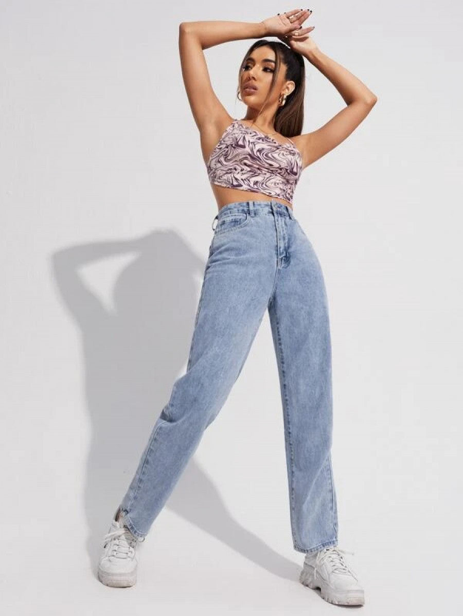 High Waist Slant Pocket Straight Jeans Shein