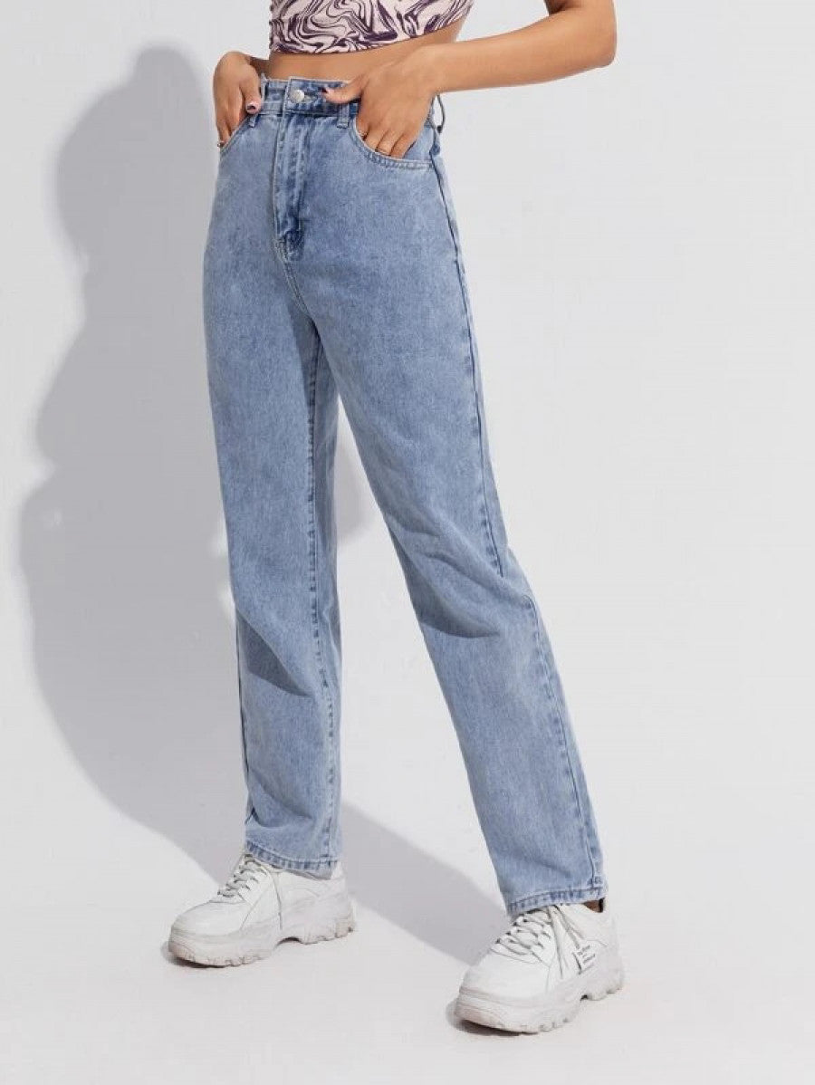 High Waist Slant Pocket Straight Jeans Shein