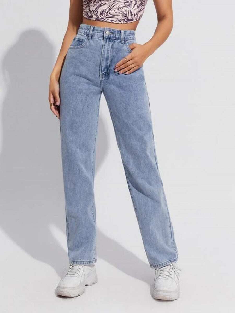 High Waist Slant Pocket Straight Jeans Shein