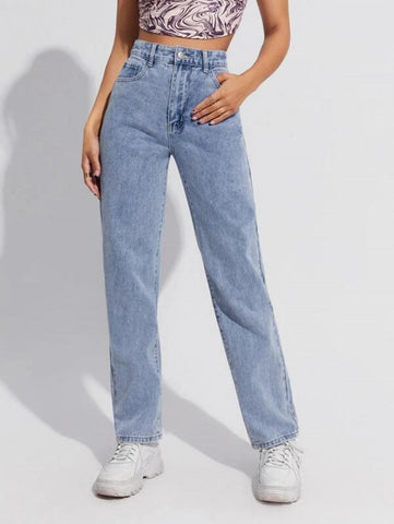 High Waist Slant Pocket Straight Jeans