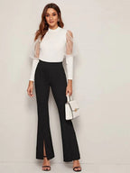 High Waist Slit Hem Flare Leg Pants Shein