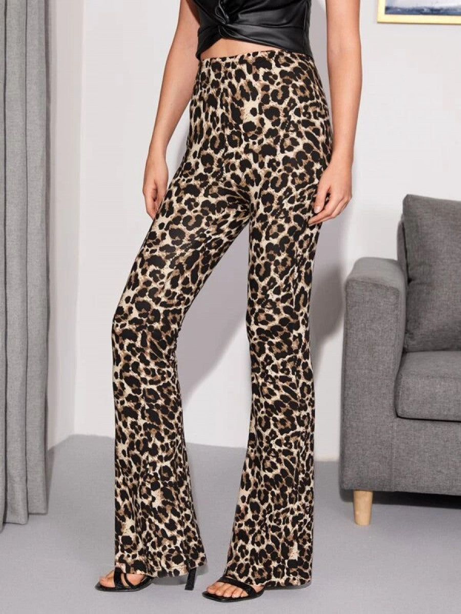 Flare Leg Leopard Pants Shein