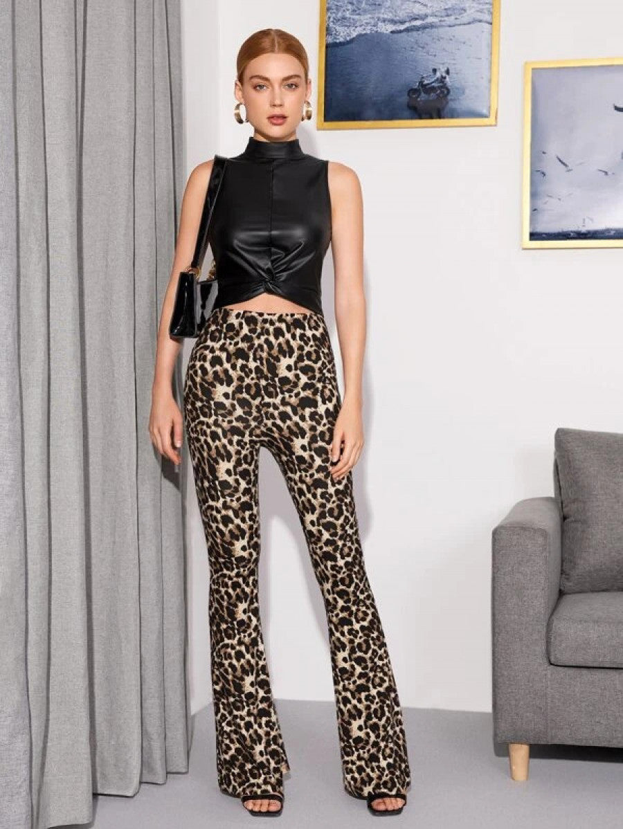 Flare Leg Leopard Pants Shein