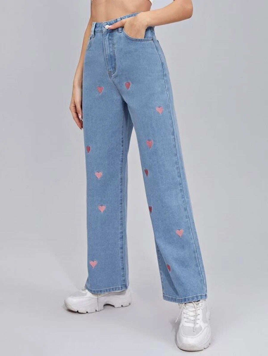 Zipper Fly Embroidery Heart Wide Leg Jeans