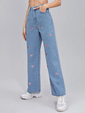 Zipper Fly Embroidery Heart Wide Leg Jeans