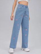 Zipper Fly Embroidery Heart Wide Leg Jeans Shein