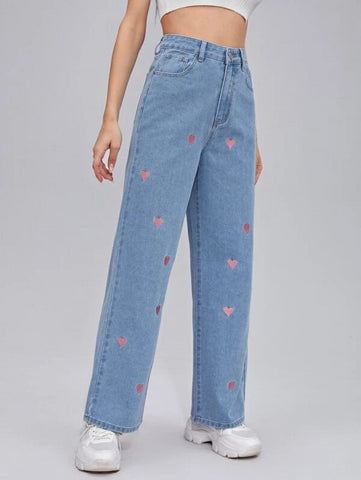 Zipper Fly Embroidery Heart Wide Leg Jeans