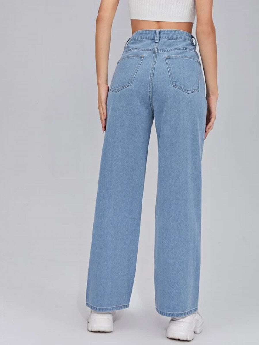 Zipper Fly Embroidery Heart Wide Leg Jeans Shein