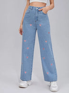 Zipper Fly Embroidery Heart Wide Leg Jeans Shein