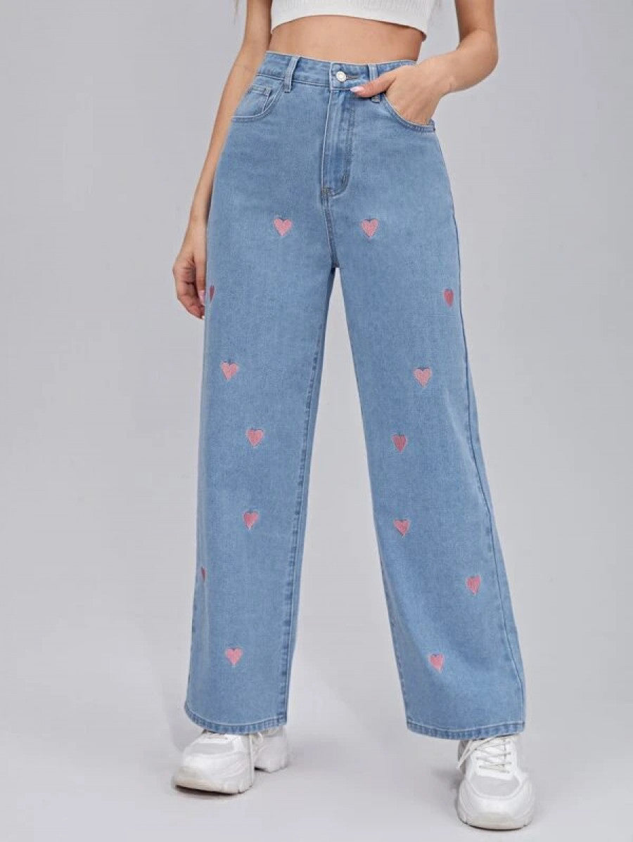 Zipper Fly Embroidery Heart Wide Leg Jeans Shein