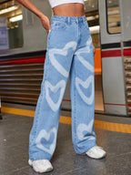 High Waist Heart Print Wide Leg Jeans Shein
