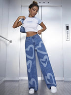 High Waist Heart Print Wide Leg Jeans Shein