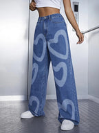 High Waist Heart Print Wide Leg Jeans Shein