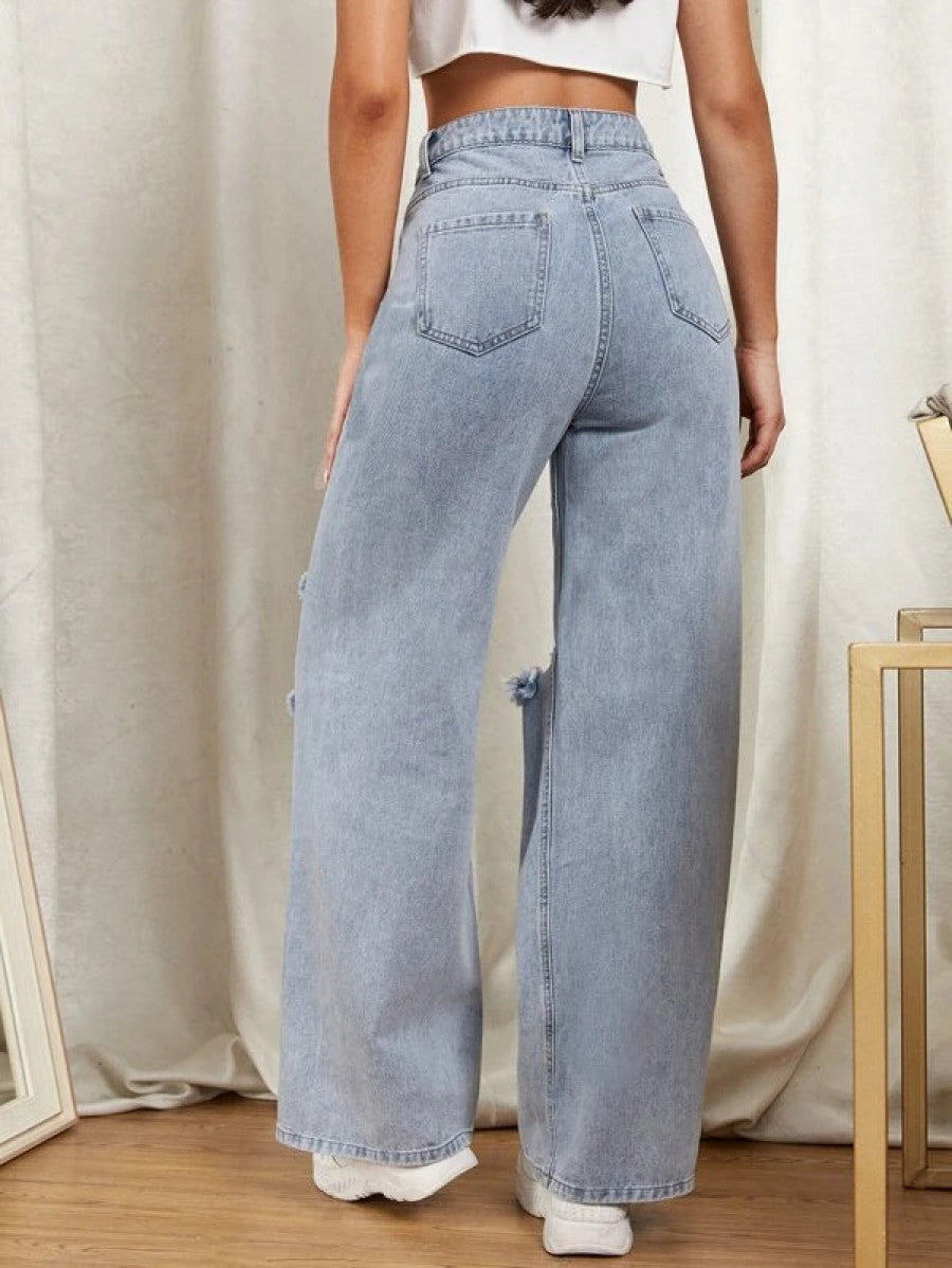 Zipper Fly Ripped Detail Wide Leg Jeans