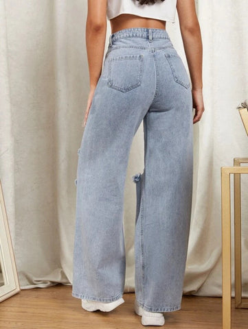 Zipper Fly Ripped Detail Wide Leg Jeans