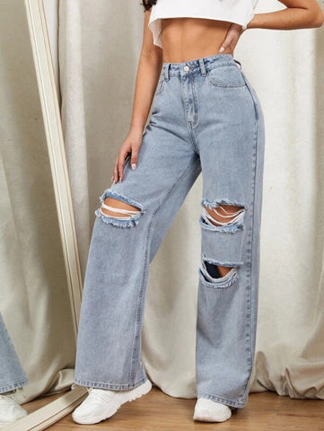Zipper Fly Ripped Detail Wide Leg Jeans