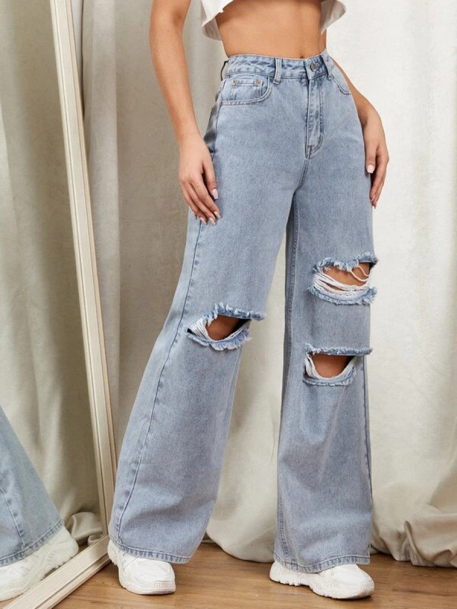 Zipper Fly Ripped Detail Wide Leg Jeans