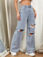 Zipper Fly Ripped Detail Wide Leg Jeans Shein