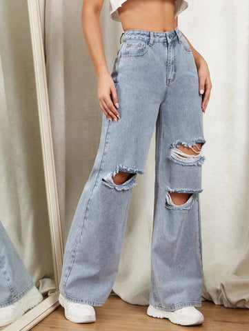 Zipper Fly Ripped Detail Wide Leg Jeans