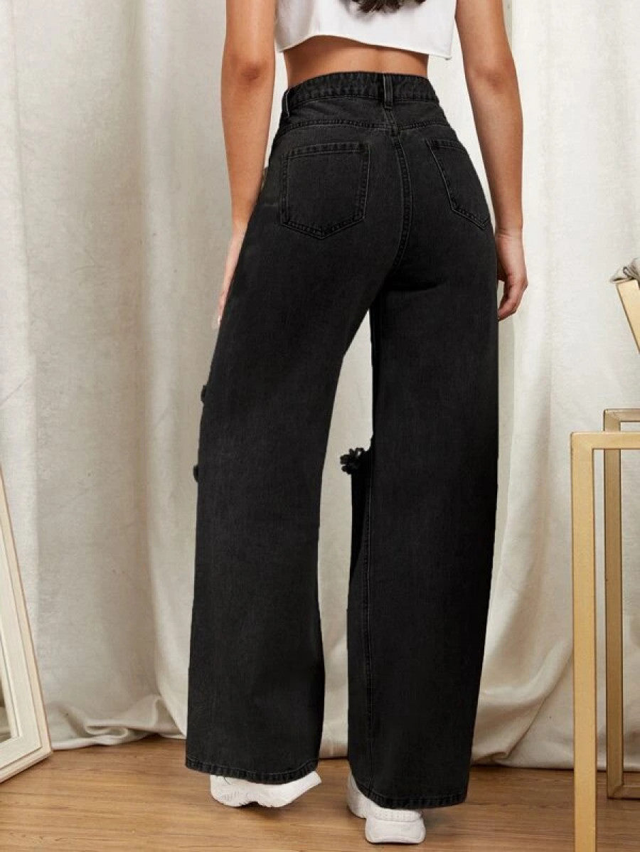 Zipper Fly Ripped Detail Wide Leg Jeans