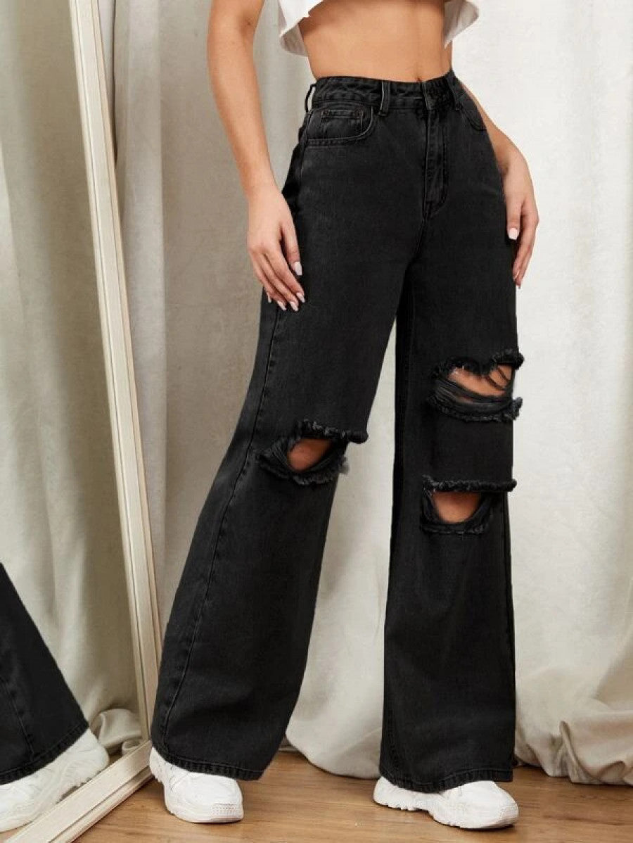 Zipper Fly Ripped Detail Wide Leg Jeans