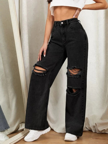 Zipper Fly Ripped Detail Wide Leg Jeans