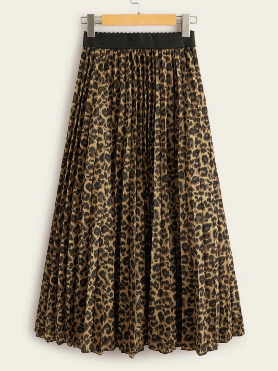 Cheetah Print Elastic Waist Pleated Skirt Shein